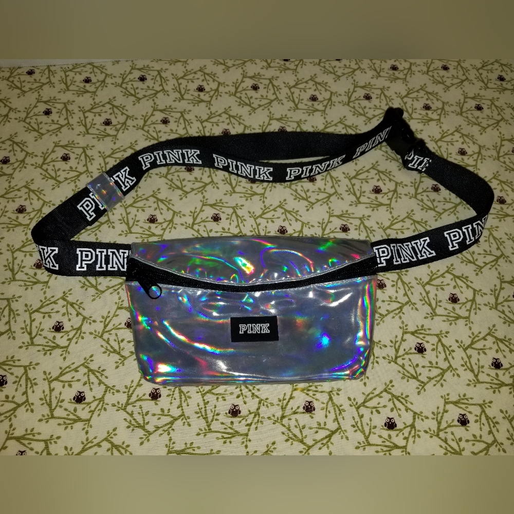 PINK Holographic Iridescent Belt Bag with Logo Strap Fanny Pack